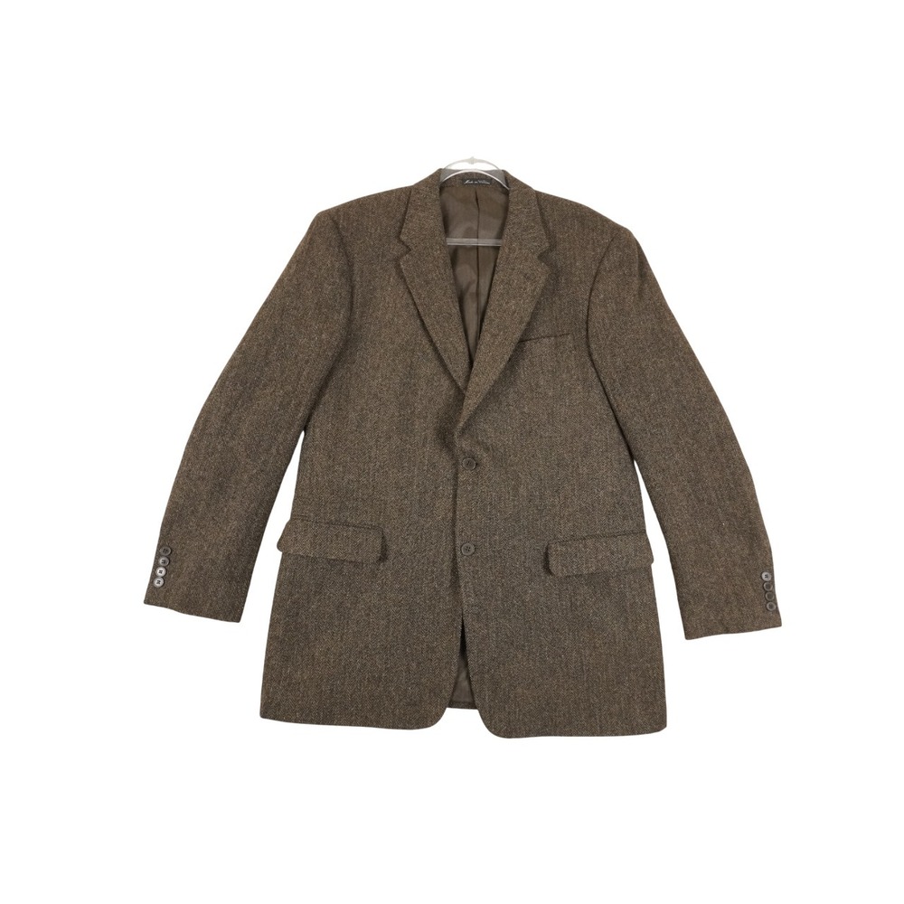 VTG Monsieur Adolfo Men'sWool Tweed 2-Button Blazer Brown Herringbone 42L